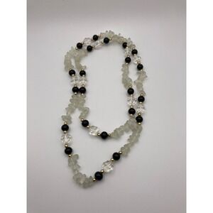 Long Beaded Necklace Clear Faceted Round Black Gold Accent Costume Jewelry